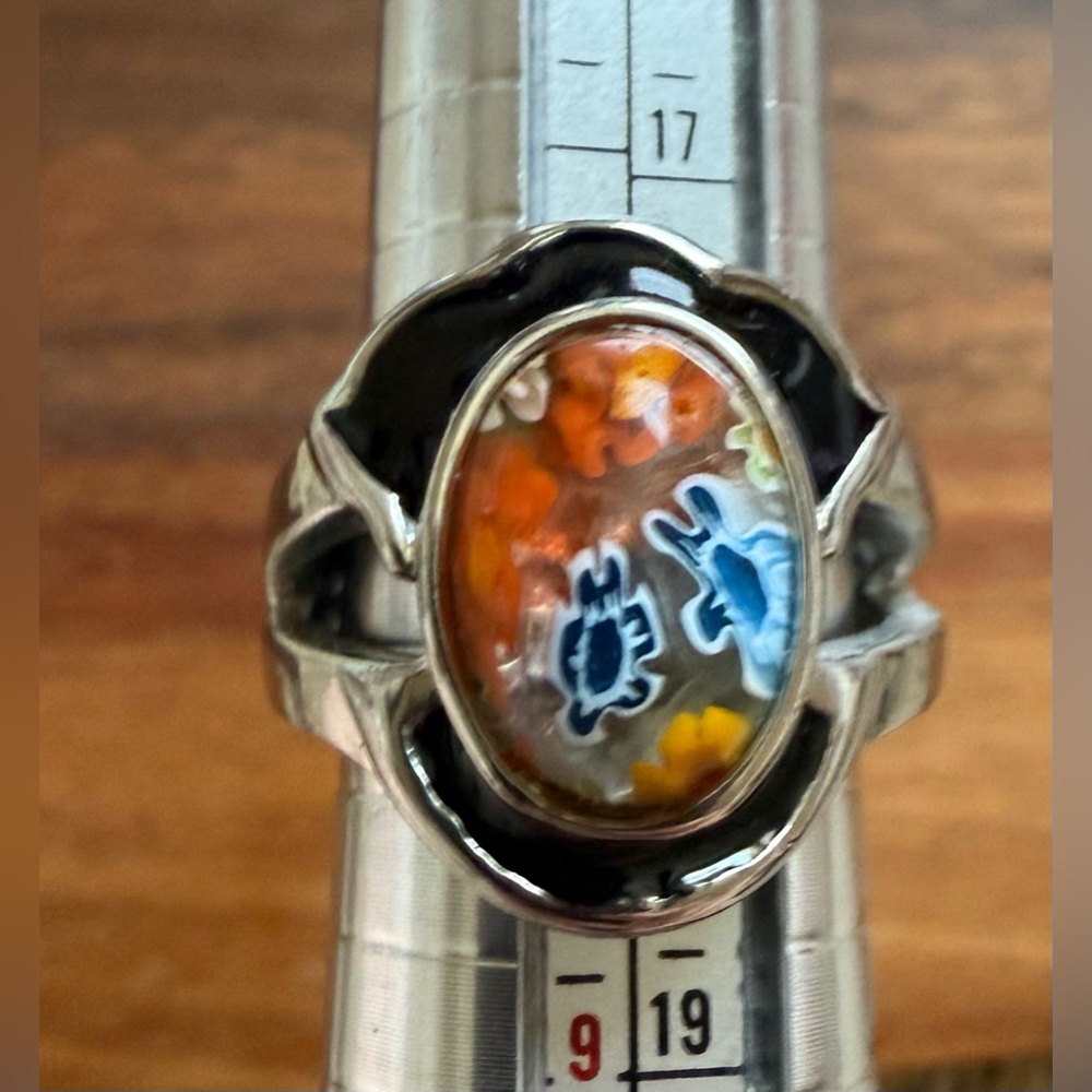 Silver Tone Chunky Wide Millefiori Floral Enamel Acrylic Ring size 7.75